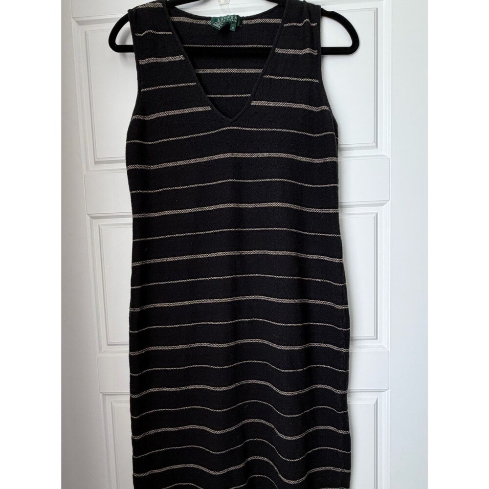 Lauren Ralph Lauren Black Striped V-Neck Midi Dress-Med